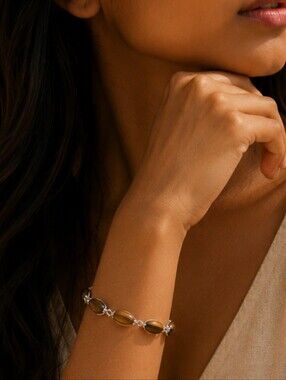 Tiger’s Eye Gemstone 925 Sterling Rhodium Plated Tennis Bracelet, 7.5"